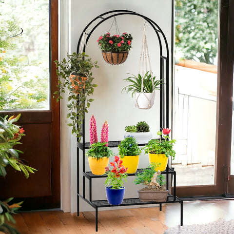 ecofynd Metal Plant Stand with Arch Trellis | 3-Tier Ladder Design for Potted & Hanging Plants | Ecofynd