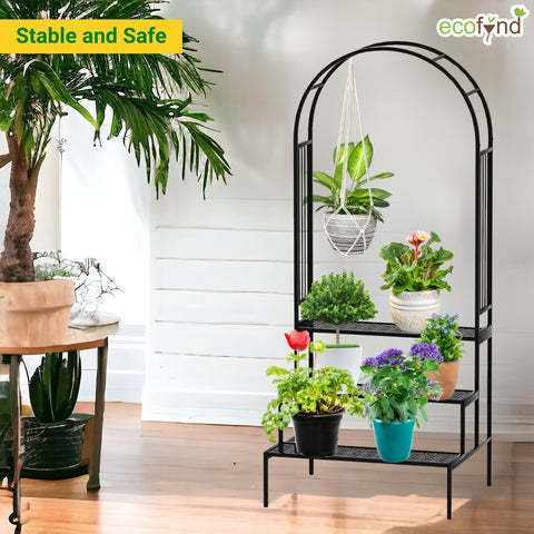 ecofynd Metal Plant Stand with Arch Trellis | 3-Tier Ladder Design for Potted & Hanging Plants | Ecofynd