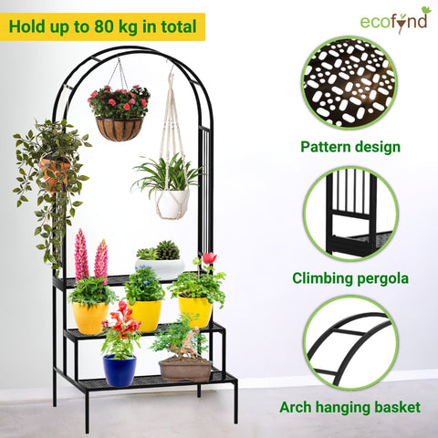 ecofynd Metal Plant Stand with Arch Trellis | 3-Tier Ladder Design for Potted & Hanging Plants | Ecofynd