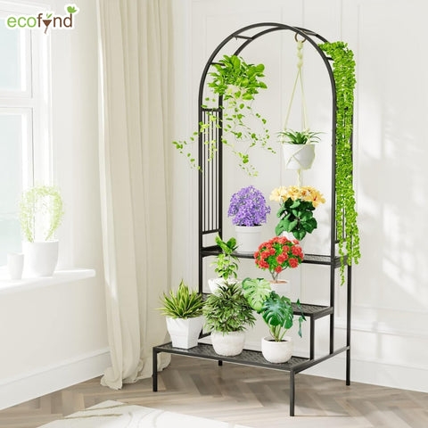 ecofynd Metal Plant Stand with Arch Trellis | 3-Tier Ladder Design for Potted & Hanging Plants | Ecofynd