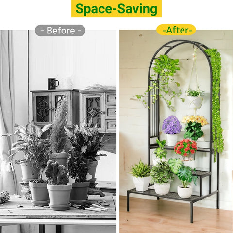 ecofynd Metal Plant Stand with Arch Trellis | 3-Tier Ladder Design for Potted & Hanging Plants | Ecofynd