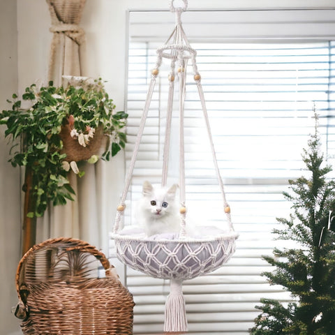 Macrame Hanging Cat Hammock with Cat Bed