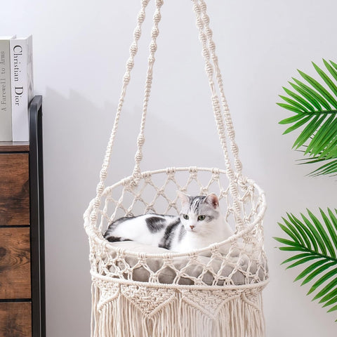 Macrame Hanging Cat Hammock with Cat Bed