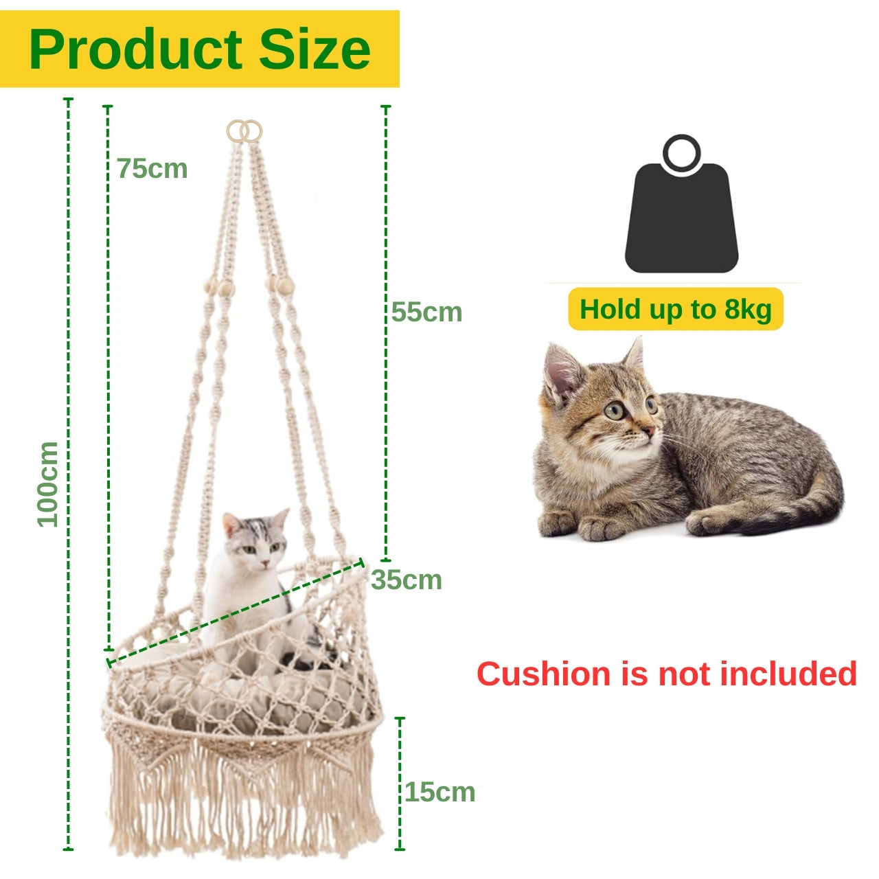 Macrame Hanging Cat Hammock without Cat Bed