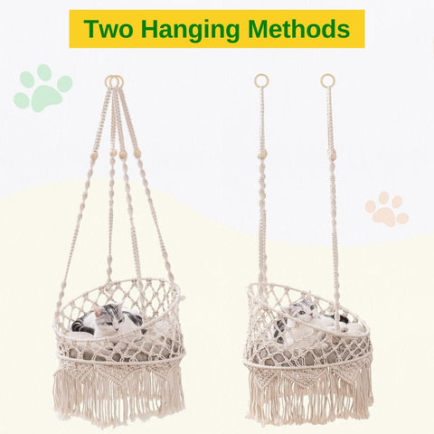 Macrame Hanging Cat Hammock with Cat Bed