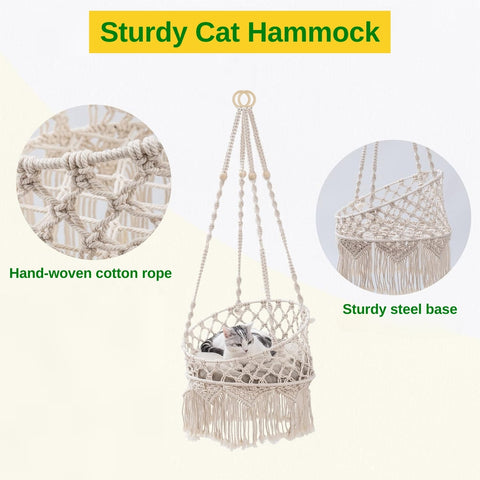 Macrame Hanging Cat Hammock with Cat Bed