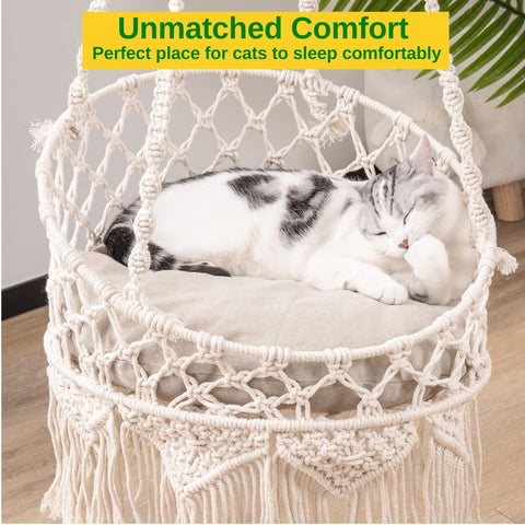 Macrame Hanging Cat Hammock with Cat Bed