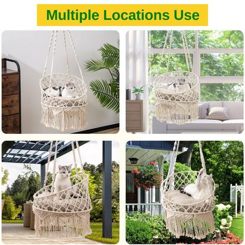 Macrame Hanging Cat Hammock with Cat Bed