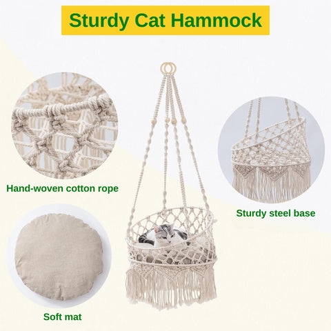 Macrame Hanging Cat Hammock with Cat Bed