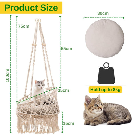 Macrame Hanging Cat Hammock with Cat Bed