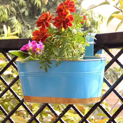 Oval Blue/Gold 12" Balcony Railing Planter