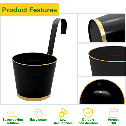 ecofynd Round Black/Gold 7" Balcony Railing Planter