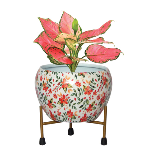 Lio White Floral Metal Pot with Stand