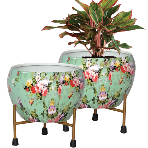 Lio Green Floral Metal Pot with Stand