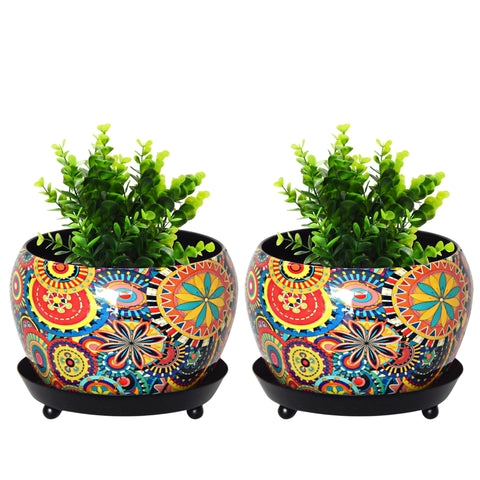 Lily Multicolor Metal Pot with Saucer Plate