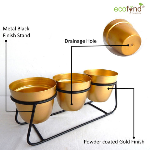 ecofynd 4 inches Bella Gold Metal Planter Pot with Black Stand Planter freeshipping - Ecofynd