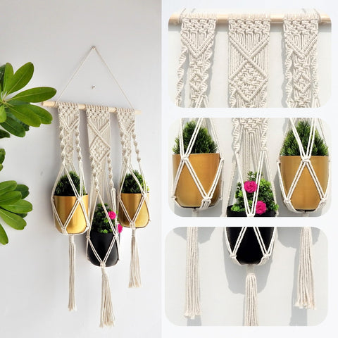 Macrame Triple Plant Hanger, Indoor Outdoor Hanging Plant Holder planter freeshipping - Ecofynd